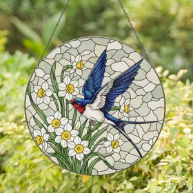 Barn Swallow Daffodil Flowers - Wildlife Home Decor Gift for Bird Watcher Stained Glass Suncatcher