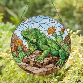 Vibrant Green Iguana Cactus Flowers Rocky Outcrop - Home Decor Gift for Reptile Lover Stained Glass Suncatcher