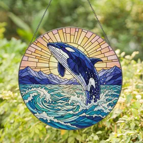 Orca Breaching Ocean Waves Sunrise - Ocean Lover Home Decor Gift Stained Glass Suncatcher