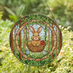 Baby Rabbit Basket Ivy Easter Eggs Circular Woodland - Easter Holiday Decor Gift Stained Glass Suncatcher