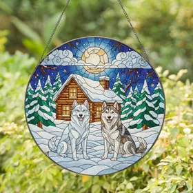 Siberian Husky Dogs Snowy Log Cabin Winter Scene - Winter Decor Gift for Husky Lovers Stained Glass Suncatcher