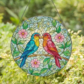 Lovebirds Beaks Touching Pink Flowers - Home Decor Gift for Bird Lover Stained Glass Suncatcher