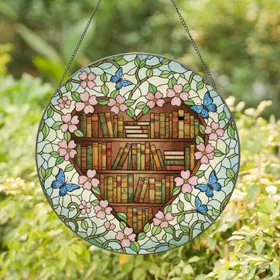 Heart Bookshelves Dogwood Flowers Blue Butterflies - Book Lover Gift Stained Glass Suncatcher