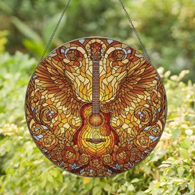 Winged Acoustic Guitar Fiery Core Roses - Home Decor Gift for Music Lover Stained Glass Suncatcher