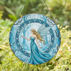 Blonde Fairy Misty Winter Forest Crystal Accents - Home Decor Gift for Fantasy Lover Stained Glass Suncatcher