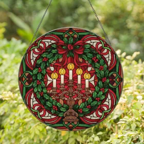 Bronze Candelabra White Candles Circular Wreath Holly Swirling Ribbon - Christmas Gift Stained Glass Suncatcher