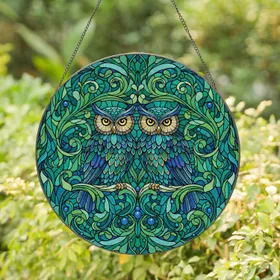 Ornate Owls Botanical Crest - Home Decor Gift for Owl Lovers Stained Glass Suncatcher