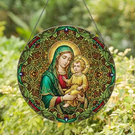 Virgin Mary Baby Jesus Golden Halos Green Foliage - Home Decor Gift for Religious Art Lovers Stained Glass Suncatcher
