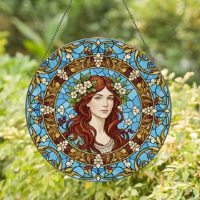 Woman Auburn Hair Flowers Leaf Vine Berry Mosaic - Home Decor Gift for Nature Lover Stained Glass Suncatcher