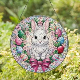 Tiffany Stained Glass Fluffy Baby Bunny Easter Egg Wreath - Spring Home Decor Gift Stained Glass Suncatcher