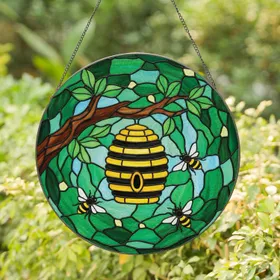 Beehive Worker Bees Green Leaves Branch - Wildlife Lover Home Decor Gift Stained Glass Suncatcher