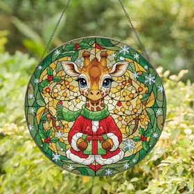 Baby Giraffe Santa Coat Gift Box Holly Snowflakes - Christmas Home Decor Gift Stained Glass Suncatcher