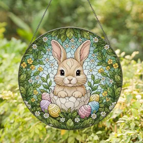 Baby Bunny Cracked Egg Easter Eggs Wildflowers Green Foliage - Easter Holiday Home Decor Stained Glass Suncatcher