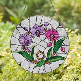 Intertwined Orchid Wreath Pearl Amethyst - Home Decor Gift for Flower Lover Stained Glass Suncatcher