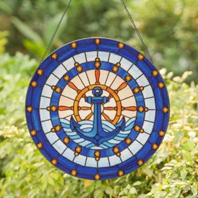 Calm Ocean Blue Anchor Ship's Wheel Waves - Home Decor Gift for Sea Lovers Stained Glass Suncatcher