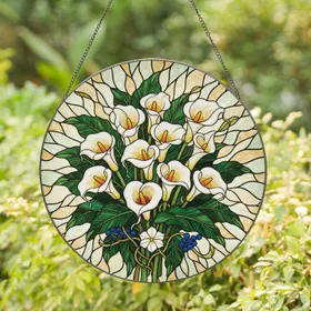 White Calla Lily Bouquet Blue Berries - Home Decor Gift for Garden Lover Stained Glass Suncatcher