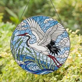 White Crane Red Beak Red Eyes Water Reeds - Home Decor Gift for Wildlife Lover Stained Glass Suncatcher