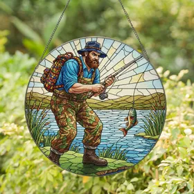 Fisherman Reeling Fish Lakeside Scene - Home Decor Gift for Angler Stained Glass Suncatcher