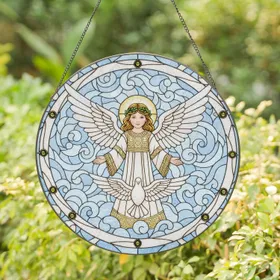 Cherubic Angel Golden Halo White Dove Cloud - Celestial Home Decor Gift for Spiritual Space Stained Glass Suncatcher