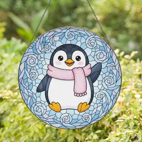 Chubby Cartoon Penguin Wintry Ice Crystals - Home Decor Gift for Bird Lover Stained Glass Suncatcher