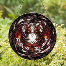 Intertwined Bats Heart Stained Glass - Wildlife Lover Home Decor Gift for Bat Lovers Stained Glass Suncatcher