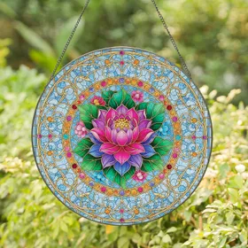 Lotus Camellia Pink Purple Blue Flower Green Leaves Home Decor Gift for Garden Lover Stained Glass Suncatcher