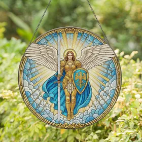 Angelic Warrior Feathered Wings Silver Sword Crown Motif - Home Window Decor Gift Stained Glass Suncatcher