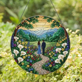 Loving Couple Hand-in-Hand Cobblestone Path Calla Lily Mountain View - Home Decor Gift for Couples Stained Glass Suncatcher