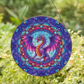 Dragon Roaring Wings Starburst Cabochon Circular Border - Home Decor Gift for Fantasy Lover Stained Glass Suncatcher