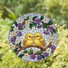 Two Baby Birds on Brown Branch with Green Leaves Flowers - Home Decor Gift for Bird Lovers Stained Glass Suncatcher