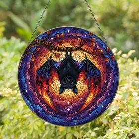 Plump Black Bat Celestial Nebula Stars Home Decor Gift for Bat Lover Stained Glass Suncatcher