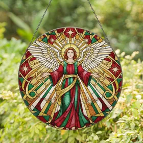 Graceful Angel Figure White Gold Wings Celestial Starburst Mosaic - Home Decor Gift Stained Glass Suncatcher