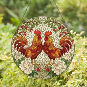 Proud Roosters Cream Peonies Red Berries Mosaic - Rustic Farmhouse Home Decor Gift Stained Glass Suncatcher
