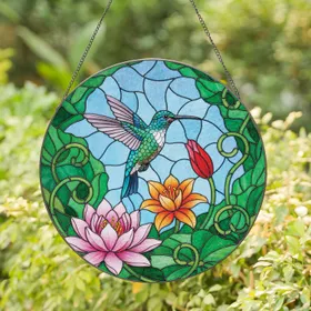 Hummingbird Pink Orange Lily Bud - Home Decor Gift for Garden Lover Stained Glass Suncatcher