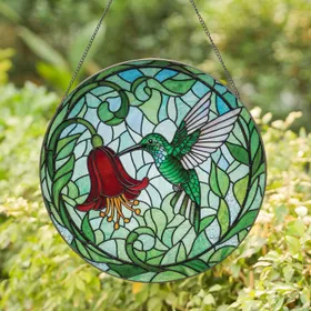 Green Hummingbird Red Bell Flower Garden Scene - Home Decor Gift for Wildlife Lovers Stained Glass Suncatcher