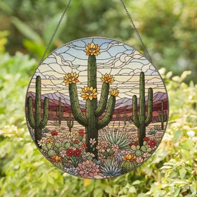 Saguaro Cacti Flowering Desert Scene - Home Decor Gift for Plant Lover Stained Glass Suncatcher