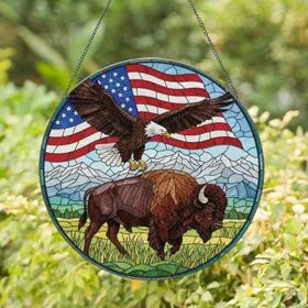 Bald Eagle American Flag Bison - Home Decor Gift for Veterans Stained Glass Suncatcher