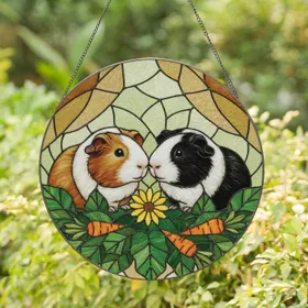 Tiffany Stained Glass Guinea Pig Carrots Daisy - Home Decor for Small Pet Lovers Stained Glass Suncatcher