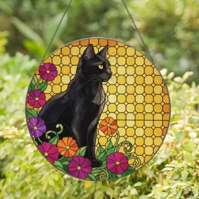 Black Cat Profile Blooming Garden Home Decor Gift for Cat Lover and Garden Lover Stained Glass Suncatcher