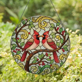Cardinal Pair Nuzzling Branch Berries - Home Decor Gift for Bird Lover Stained Glass Suncatcher