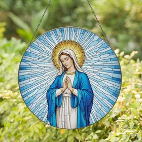 Virgin Mary Praying Golden Halo Radiating Blue Mosaic - Christian Home Decor Gift Stained Glass Suncatcher