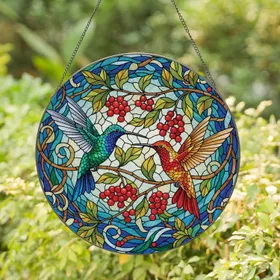 Hummingbirds Berry Branches Floral - Home Decor Gift for Wildlife Lover Stained Glass Suncatcher
