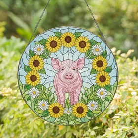Baby Pig Sunflower Wreath - Farmhouse Home Decor Gift for Pig Lover Stained Glass Suncatcher