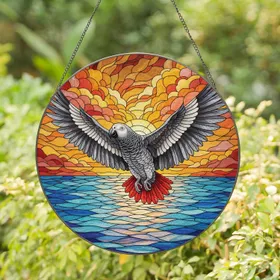 African Grey Parrot Soaring Sunset Ocean - Wildlife Lover Home Decor Gift Stained Glass Suncatcher