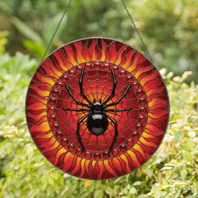 Radiant Black Spider Web with Ruby Cabochons - Home Decor Gift for Arachnid Collectors Stained Glass Suncatcher