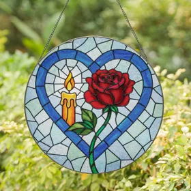 Crimson Rose Green Stem Amber Candle Bold Heart - Home Decor Gift Stained Glass Suncatcher