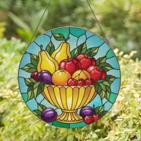 Golden Fruit Bowl Pears Apples Plums Cherries Leaves - Home Decor Gift for Garden Lover Stained Glass Suncatcher
