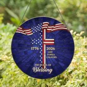 Patriotic Cross American Flag 250 Years Independence Day Gift for Veterans Stained Glass Suncatcher