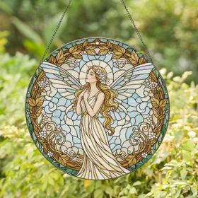 Blonde Fairy Iridescent Wings Floral Wreath - Home Decor Gift for Nature Lover Stained Glass Suncatcher