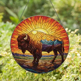 American Bison Sunset Prairie Mountains - Wildlife Lover Home Decor Gift Stained Glass Suncatcher